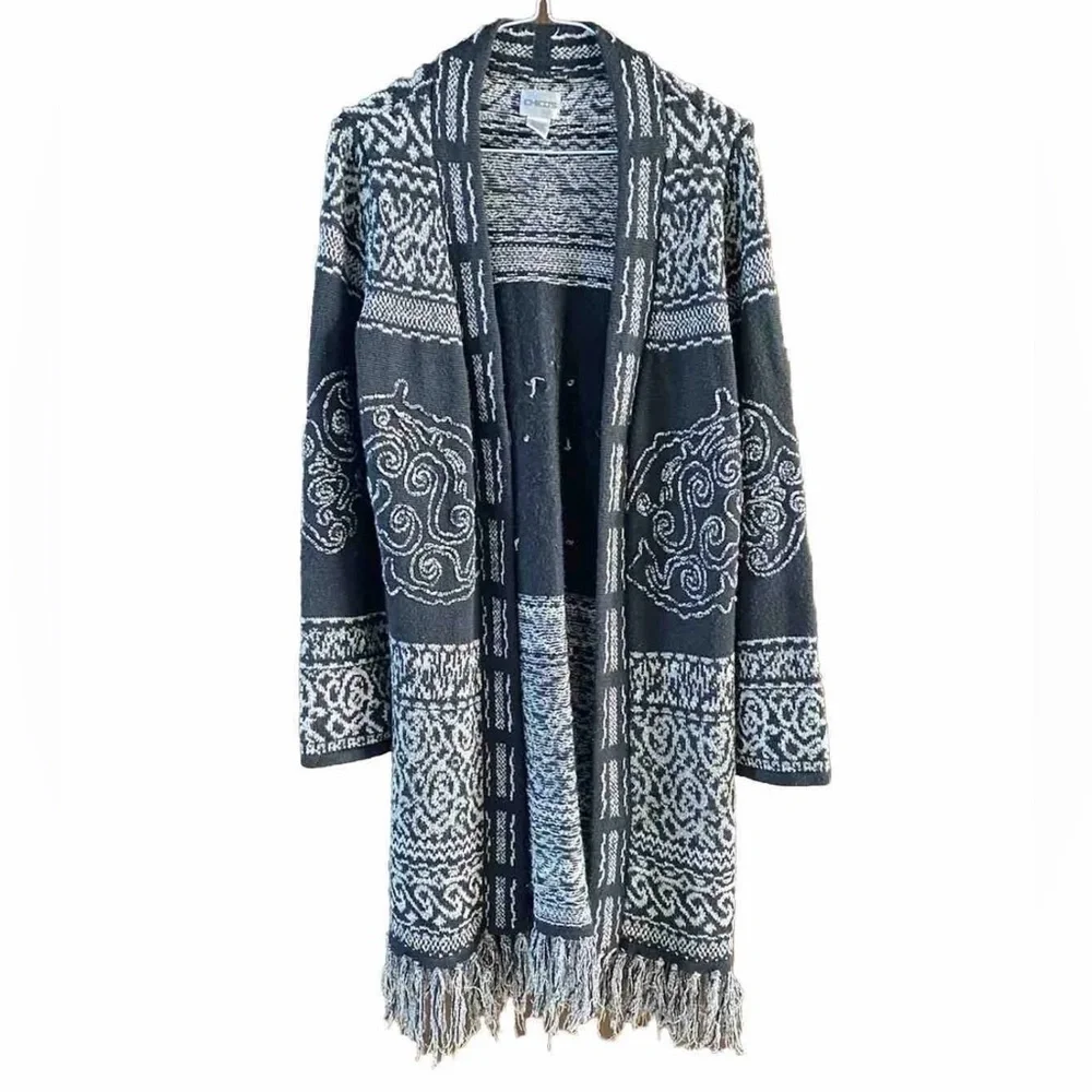 Chico’s Women’s Size 3 (XL) Black Gray Open Front Fringe Cardigan Boho Sweater